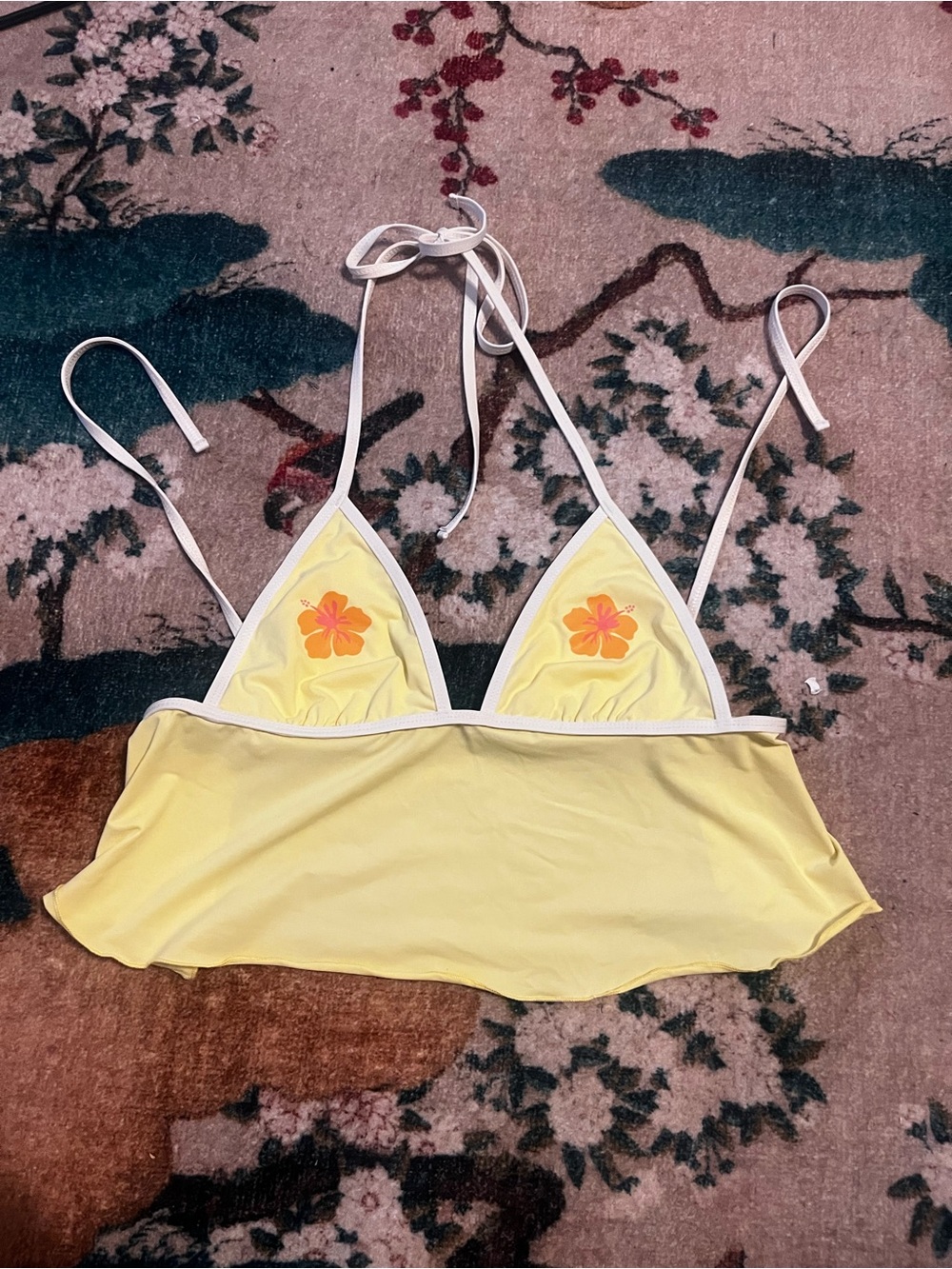 Dippin' Daisy's Yellow Triangle Bikini Top with Orange Floral Accents